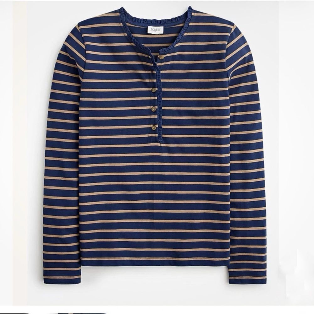 J. Crew Blue Tan Striped Ruffle-Collar Henley Top